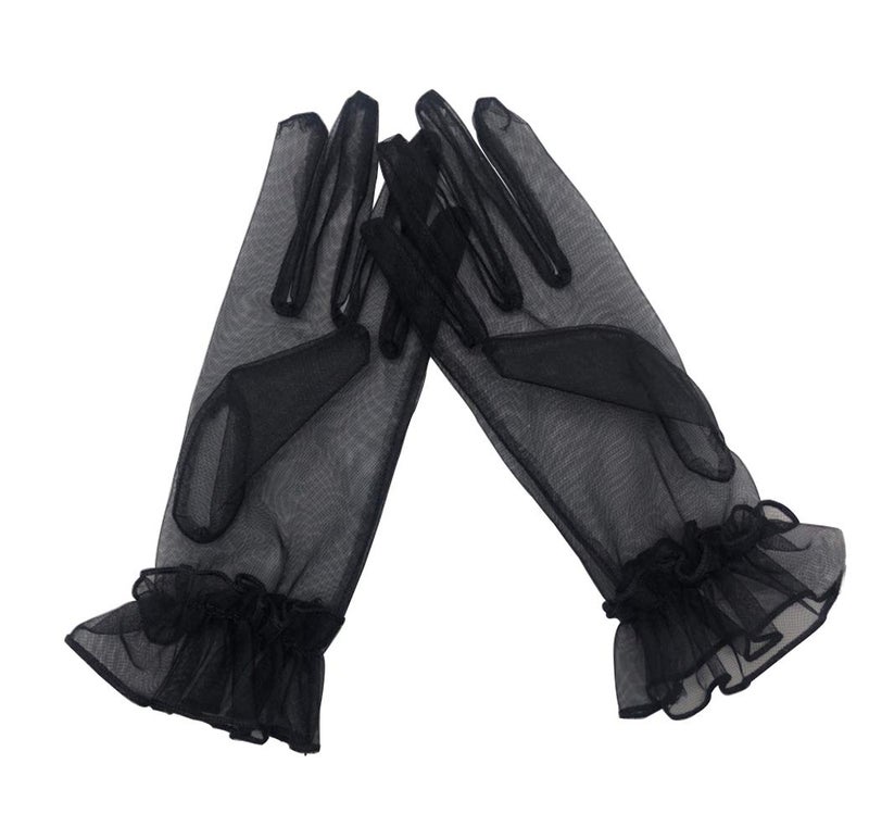 Women 's Ruffled Tulle Mesh Gloves Party Gloves Short Prom Evening Gloves Black